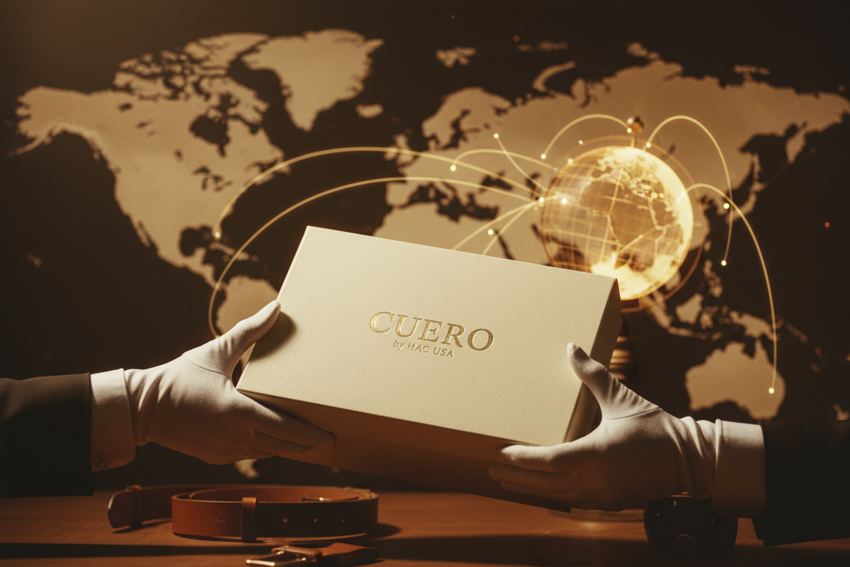 blurred background showing a map, globe, or subtle route lines to symbolize international delivery.