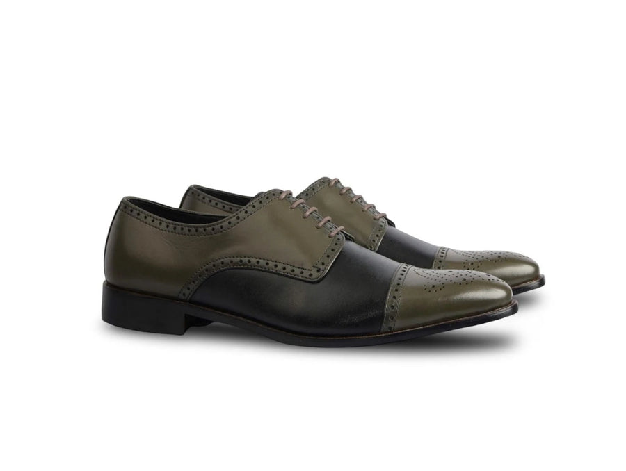 The Imperial Olive handcrafted olive and black leather oxford dress shoes angled front view
