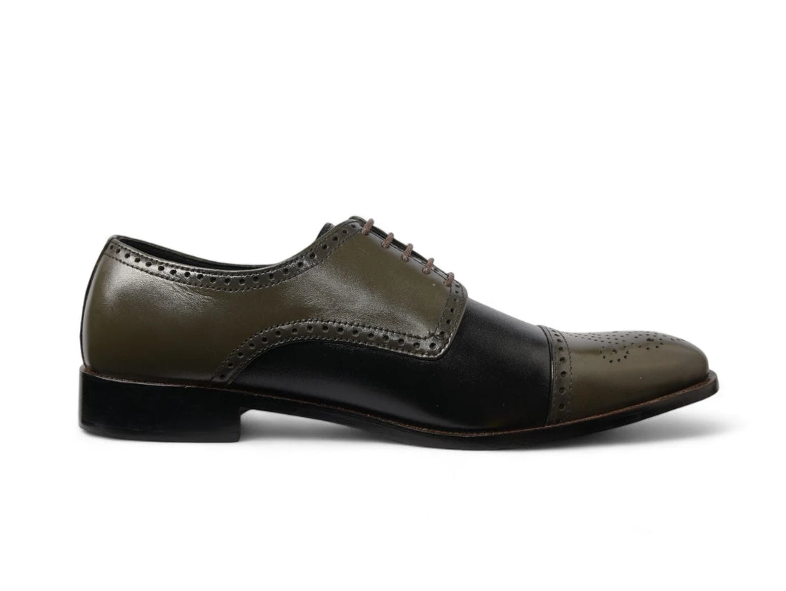 The Imperial Olive men’s olive leather cap-toe oxford dress shoe side profile