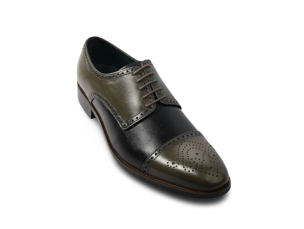The Imperial Olive men’s two-tone olive and black cap-toe oxford dress shoe three-quarter view