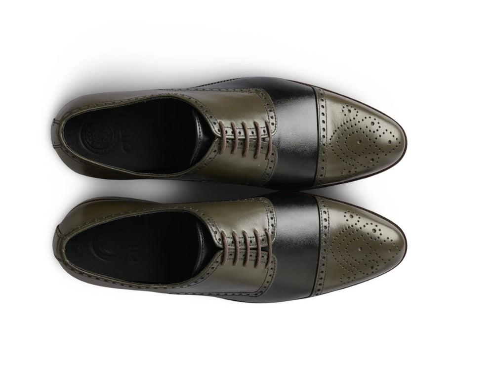The Imperial Olive men’s olive and black two-tone cap-toe oxford dress shoes top view
