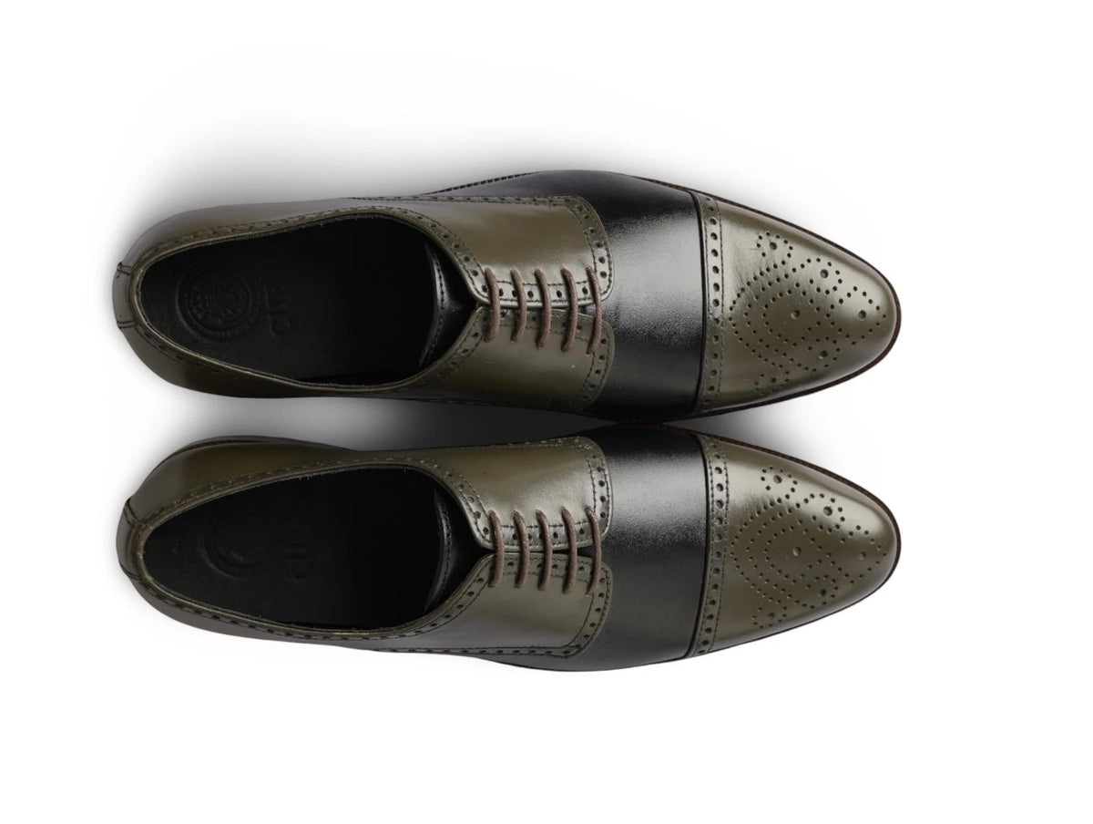 The Imperial Olive men’s olive and black two-tone cap-toe oxford dress shoes top view