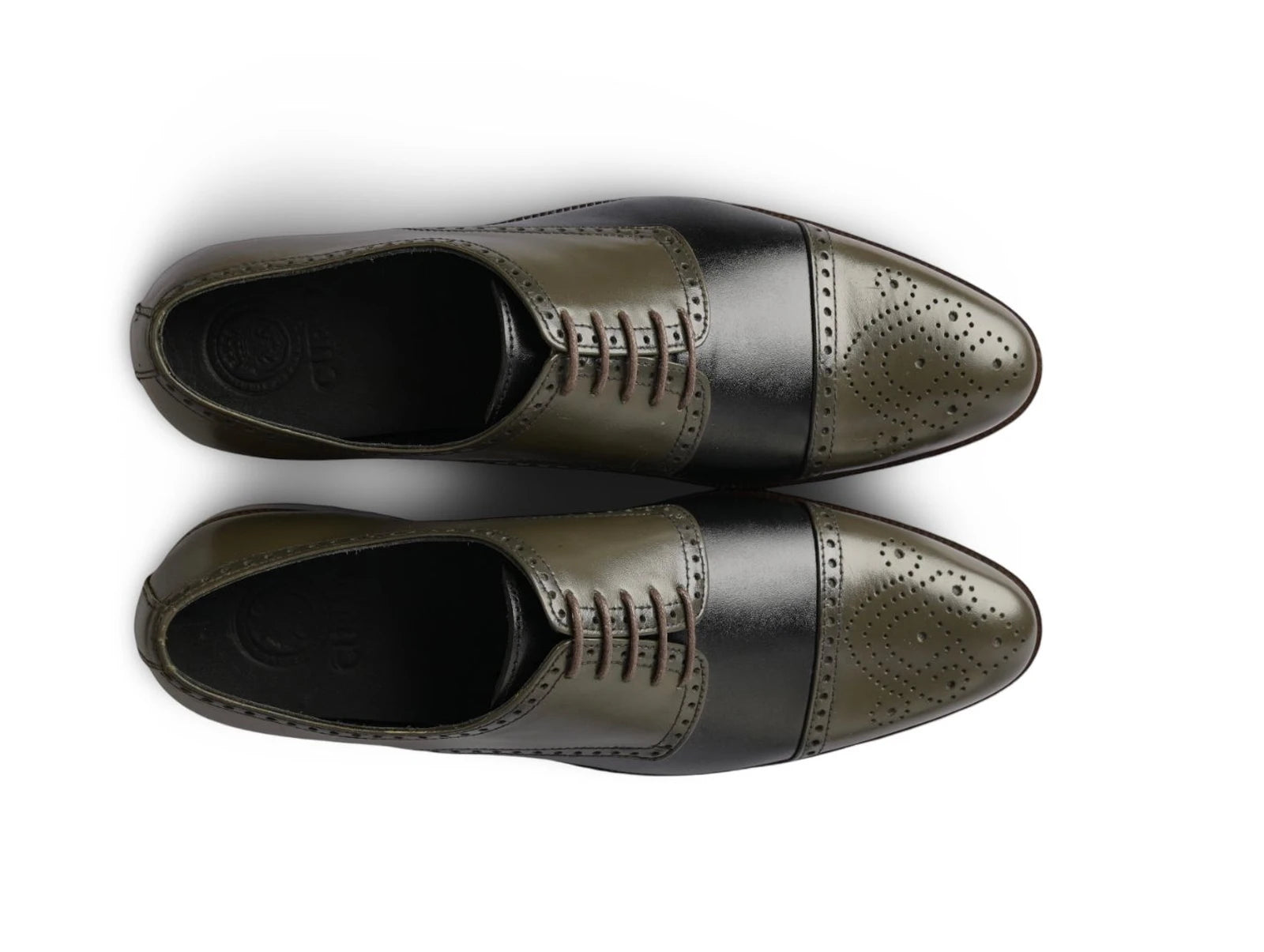The Imperial Olive men’s olive and black two-tone cap-toe oxford dress shoes top view