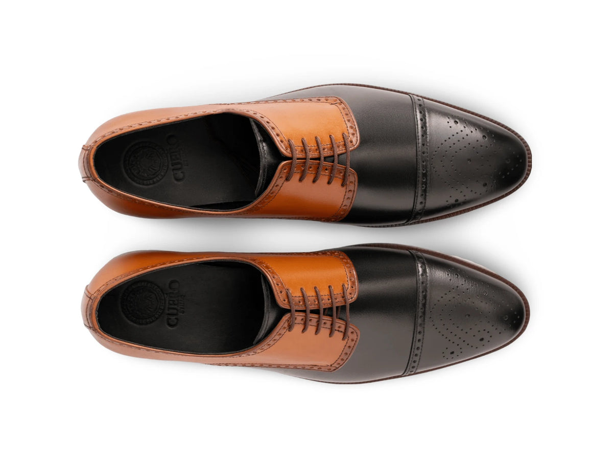 The Mayfair Cap-Toe men’s mustard and black two-tone oxford dress shoes top view