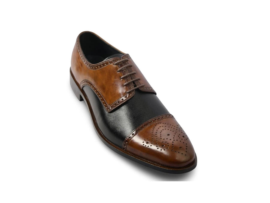 The Stratford Noir men’s brown and black two-tone cap-toe oxford dress shoe three-quarter view
