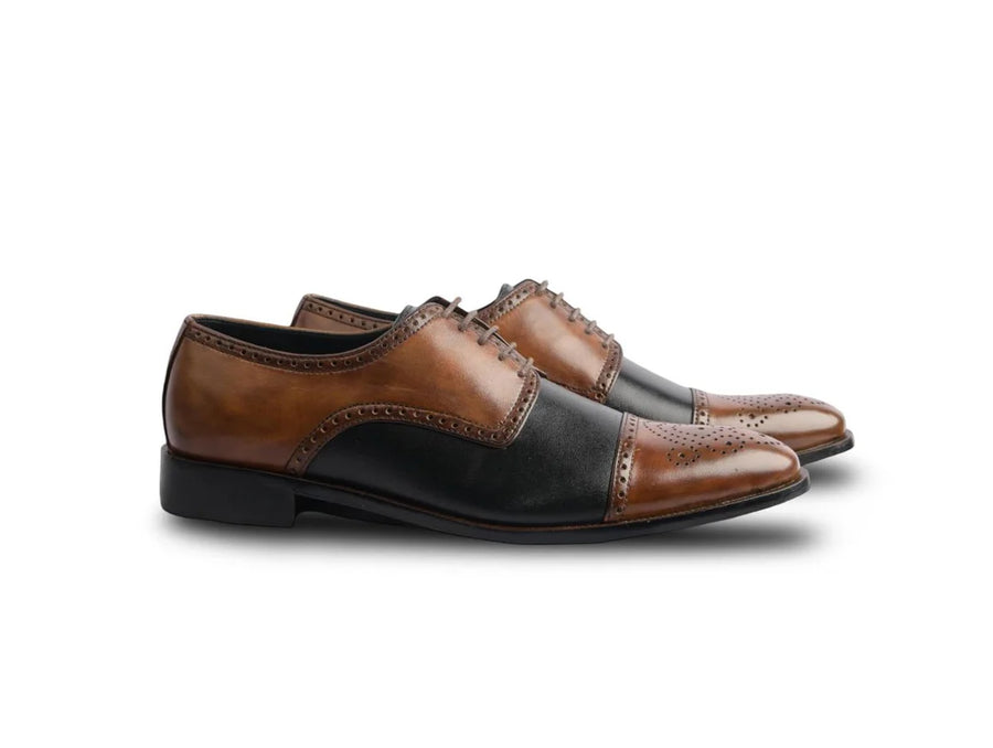 The Stratford Noir men’s brown and black two-tone cap-toe oxford dress shoe three-quarter view