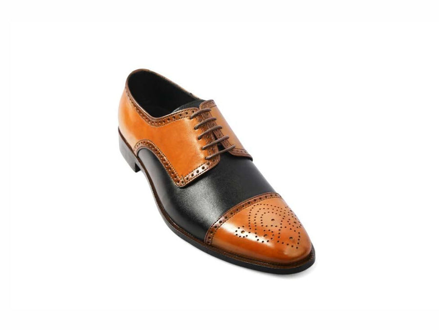 The Valoric Viceroy men’s two-tone cap-toe oxford dress shoe three-quarter view cognac and black
