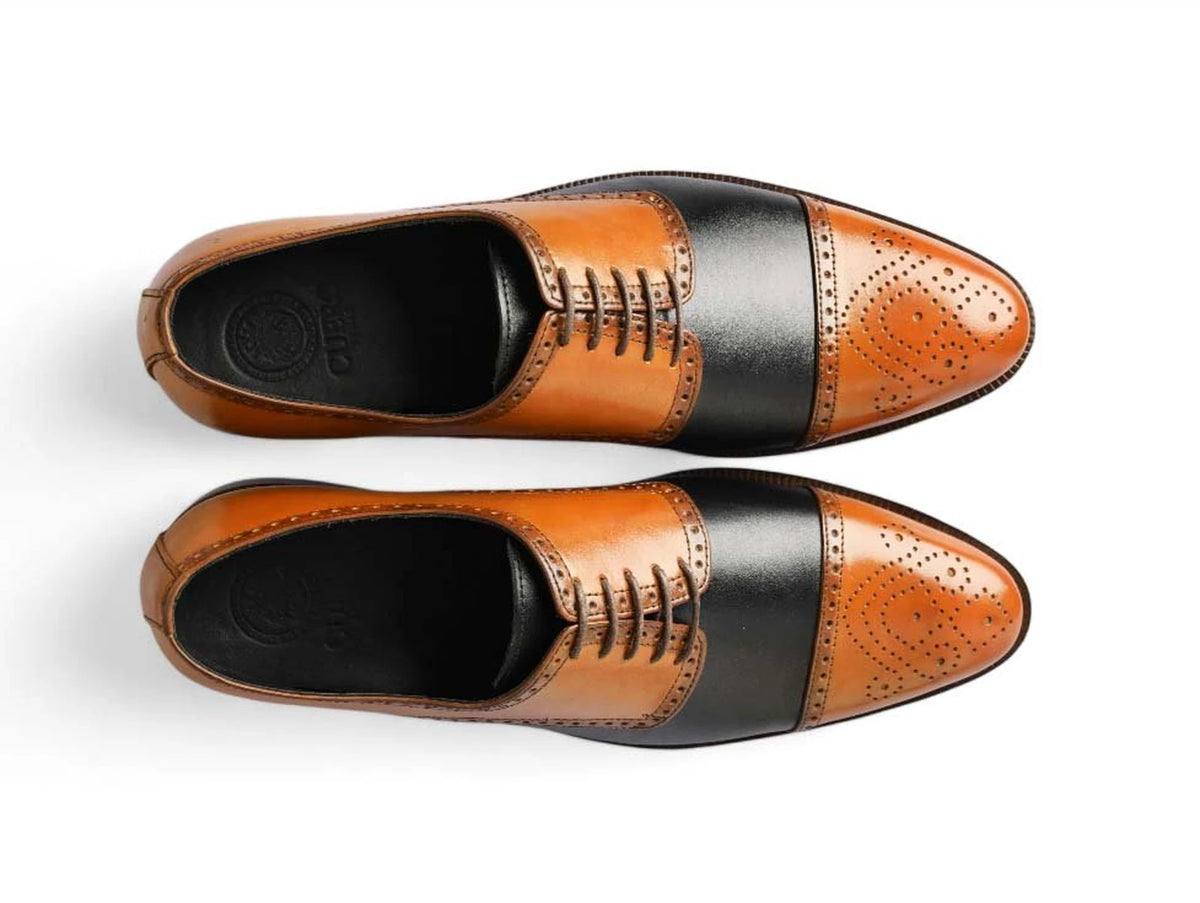 The Valoric Viceroy men’s two-tone cap-toe oxford dress shoes top view cognac and black