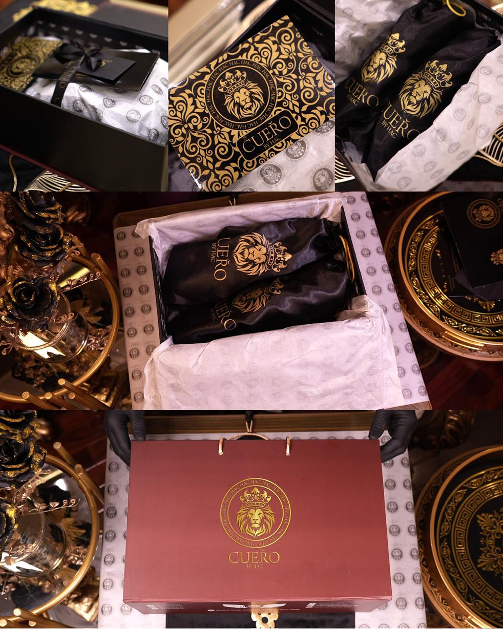 Cueřo luxury men’s shoe packaging with branded heritage box, signature wrap, and individual velvet shoe pouches