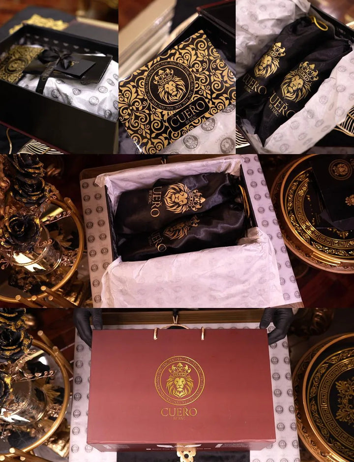 Cueřo luxury men’s shoe packaging with branded heritage box, signature wrap, and individual velvet shoe pouches