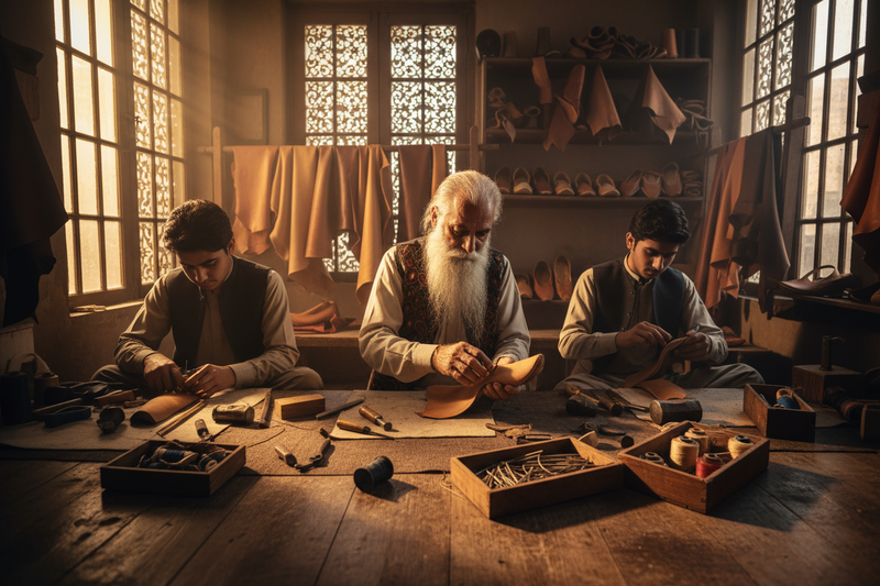 Generate a cinematic image showing master shoemakers in a traditional Pakistani workshop surrounded by fine leather hides.
Focus on generational artisans working under warm golden light, their hands shaping leather with precision.
Include subtle details of craftsmanship — tools, needles, textures.
Mood: nostalgic, proud, and timeless.
Color palette: warm browns, deep shadows, and soft golden highlights.