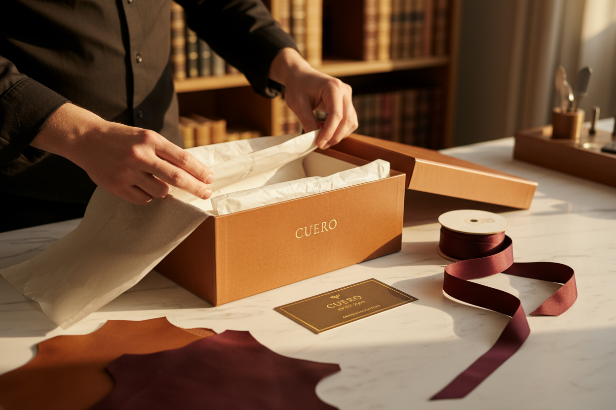 Generate a cinematic, luxury-style image for the “Exchange Process” section of a premium handmade shoe brand named Cuero by HAC USA.

Scene Concept:

A concierge or artisan delicately preparing a Cuero shoebox for dispatch — perhaps placing tissue paper, adding a gold embossed return label, or tying a ribbon.

Hands should be the focus — symbolizing care and craftsmanship.

The setting: a refined workspace with warm lighting, showing subtle textures of leather, paper, and marble.
