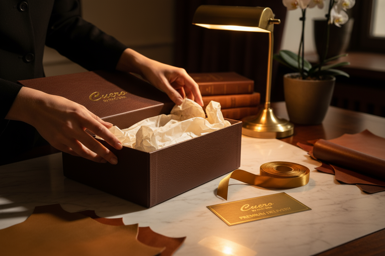 Generate a cinematic, luxury-style image for the “Exchange Process” section of a premium handmade shoe brand named Cuero by HAC USA.

Scene Concept:

A concierge or artisan delicately preparing a Cuero shoebox for dispatch — perhaps placing tissue paper, adding a gold embossed return label, or tying a ribbon.

Hands should be the focus — symbolizing care and craftsmanship.

The setting: a refined workspace with warm lighting, showing subtle textures of leather, paper, and marble.