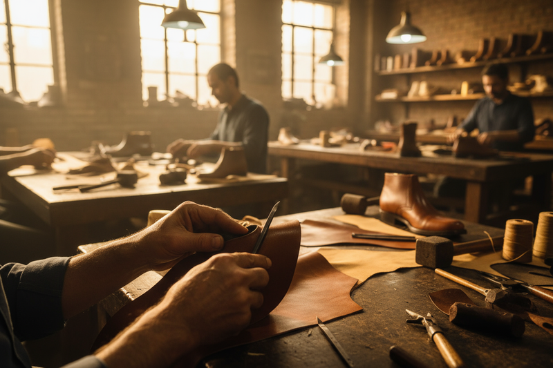 Generate a cinematic photo of artisans in Faisalabad handcrafting premium leather shoes.
Focus on their hands — stitching, cutting, and polishing fine leather.
Show leather sourced from Sialkot — deep, rich textures and high-quality grain.
Lighting: warm, workshop glow.
Mood: collaboration, tradition, mastery.