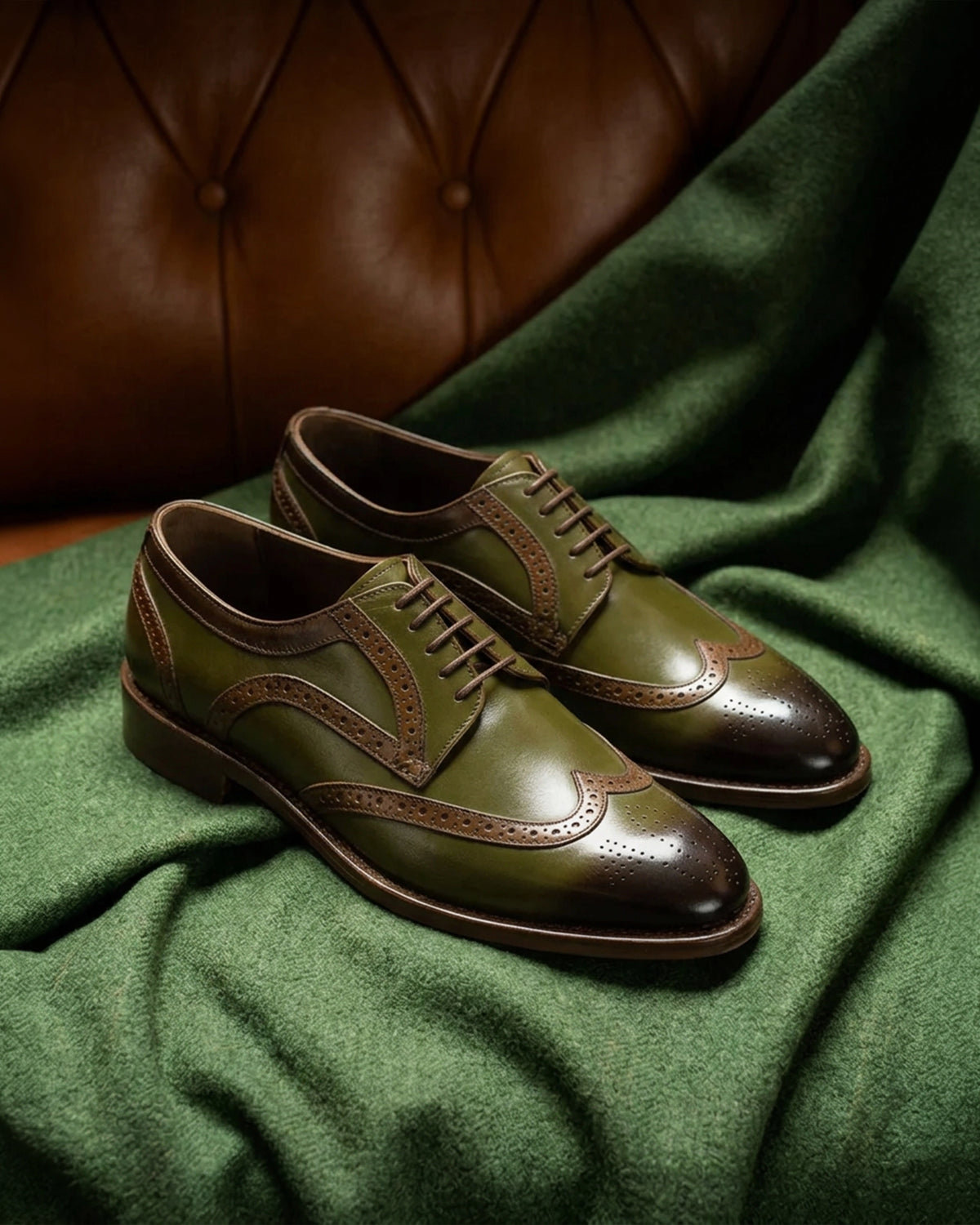 The Ivy Brogue olive green leather men’s dress shoes styled for a refined weekend look