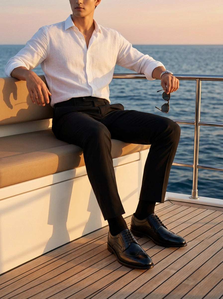 Man wearing polished black leather Oxford dress shoes with tailored pants aboard a yacht at sunset