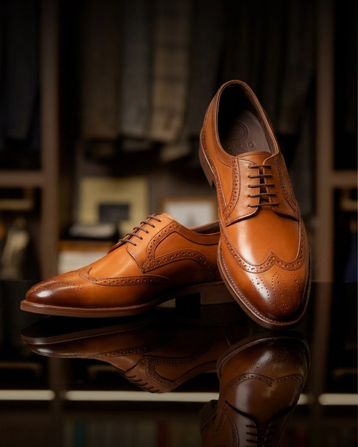 The Shelby Brogue cognac leather men’s dress shoes displayed for an elegant evening look